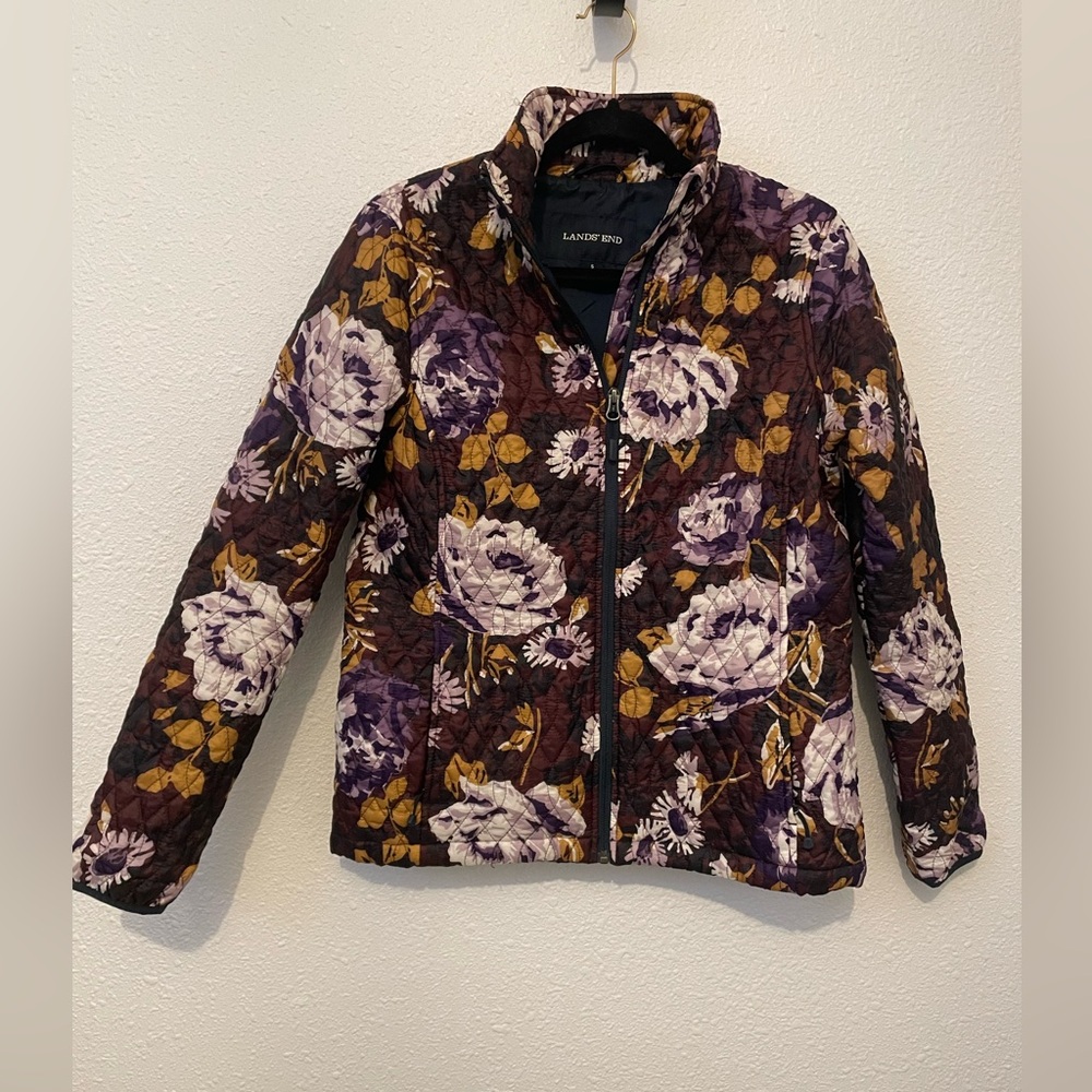 Lands' End Light Jacket Womens Small Primaloft Floral Quilted Full Zip Pockets